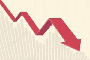 red color 3d downtrend line arrow go down in flat icon design and bar chart on yellow color background