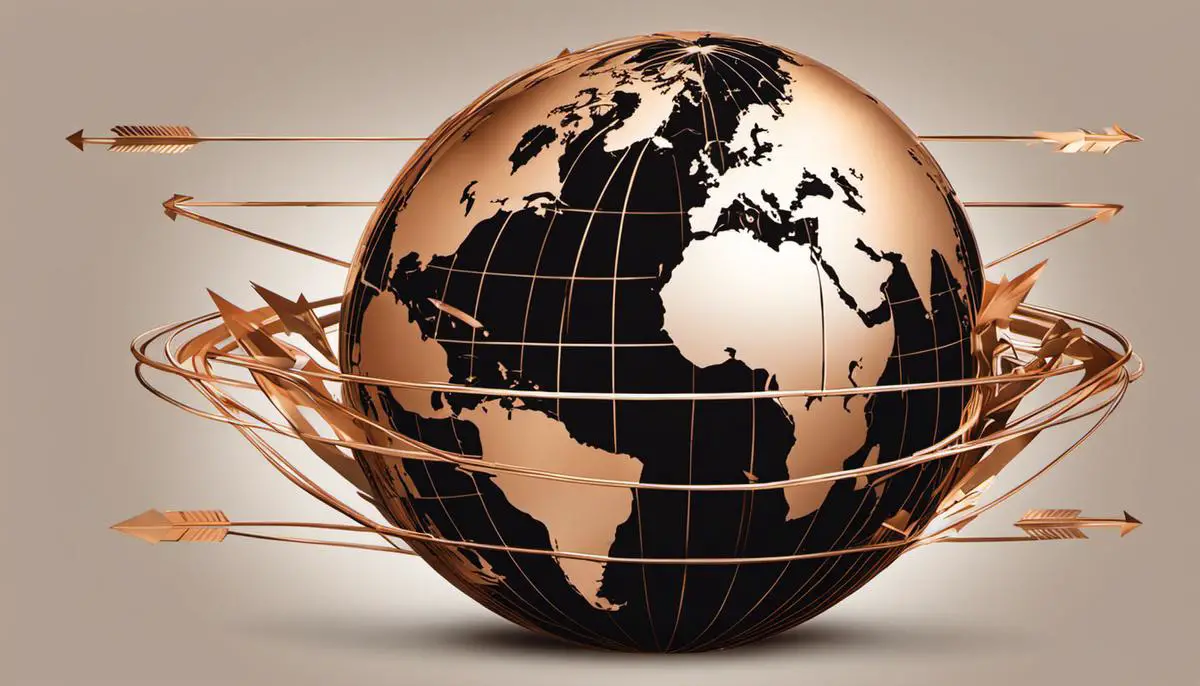 Illustration of a globe with arrows representing geopolitical events impacting copper prices