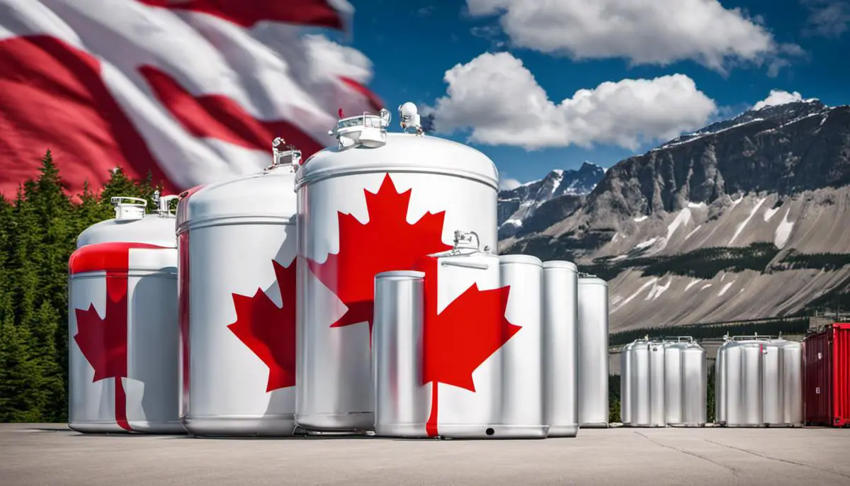 An image of helium gas containers with a background of the Canadian flag, symbolizing the significance of the helium market in Canada