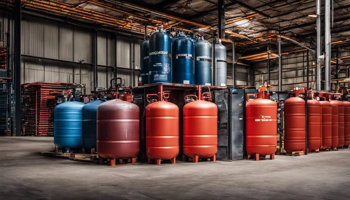 A picture of helium tanks in a warehouse.