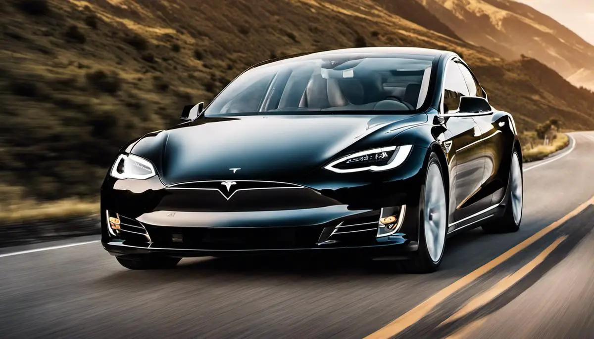 Image depicting a Tesla Model car on a road in a luxurious environment.