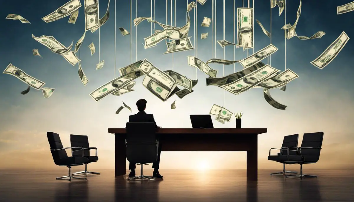 An image showing a person sitting at a desk with dollar signs floating above their head, representing the concept of understanding passive income in Canada.